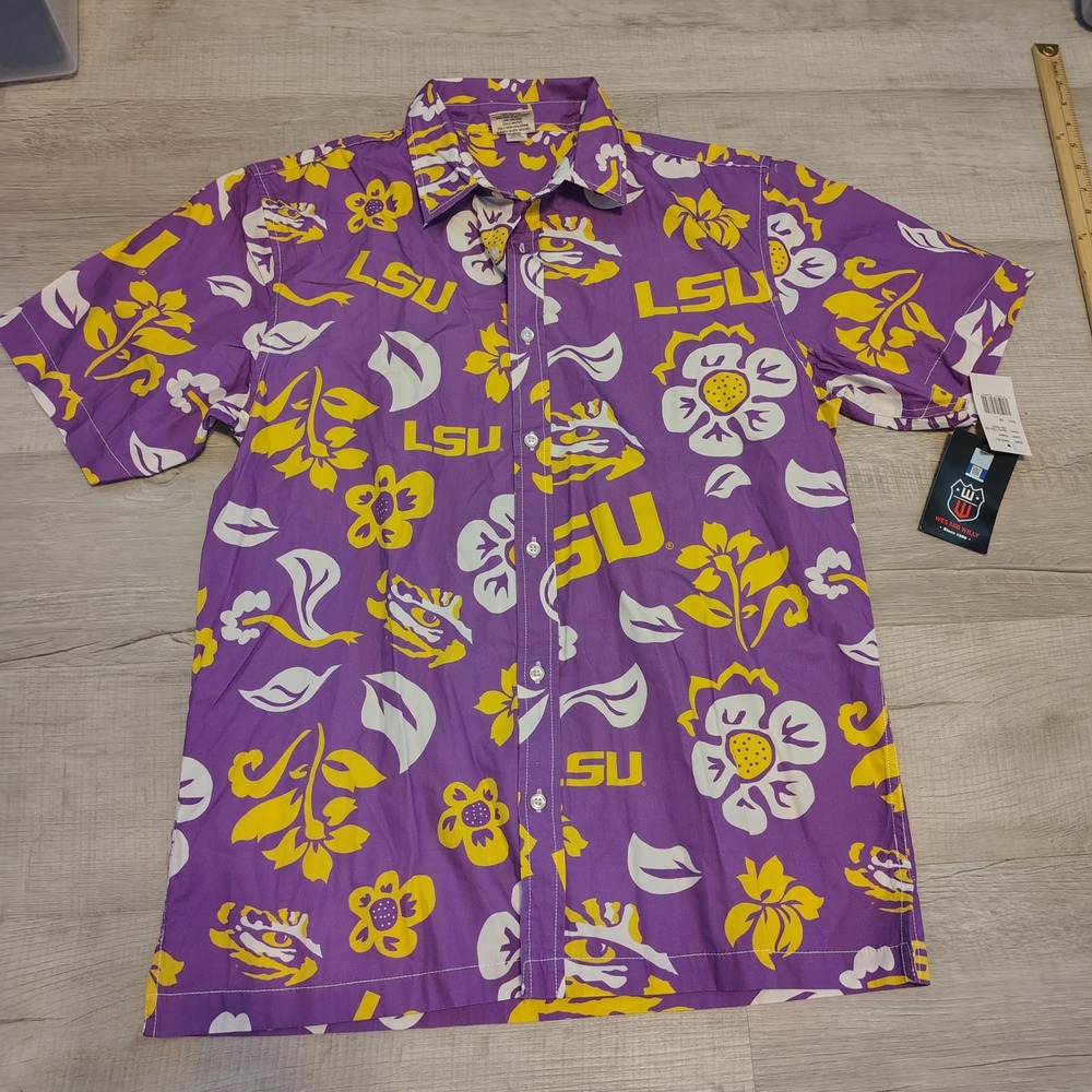 Wes and Willy LSU Tigers Mens Floral Button Down Shirt Grape Purple Yellow Med